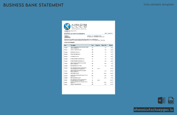Beispiel eines Kontoauszugs des Shinhan-Geschäftskontos in Südkorea (Word- und PDF-Datei)